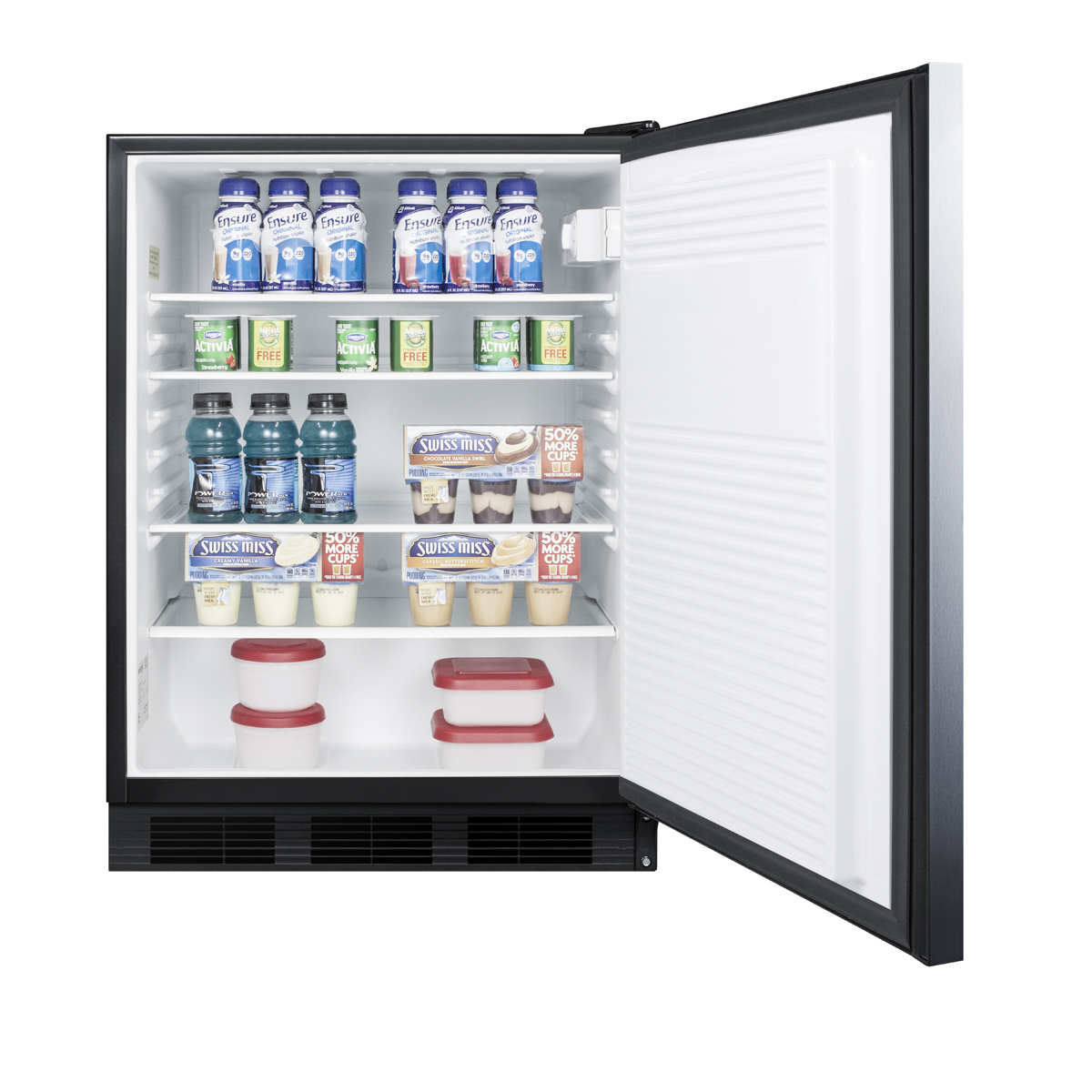 Commercially listed built-in undercounter all-refrigerator for general purpose use, auto defrost w/SS wrapped door, horizontal handle, and black cabinet